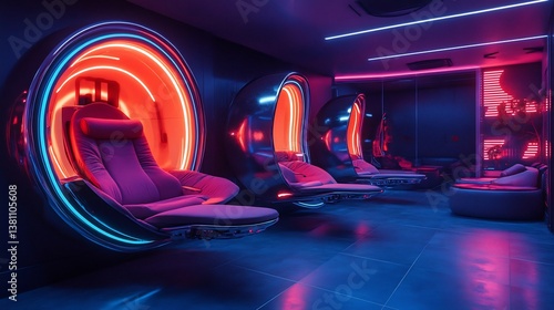 High tech magnetic levitation furniture space featuring floating chairs and tables futuristic neon lighting sleek metallic surfaces and an ultra modern zero gravity ambiance