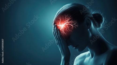 a picture of Young woman suffering from intense migraine headache