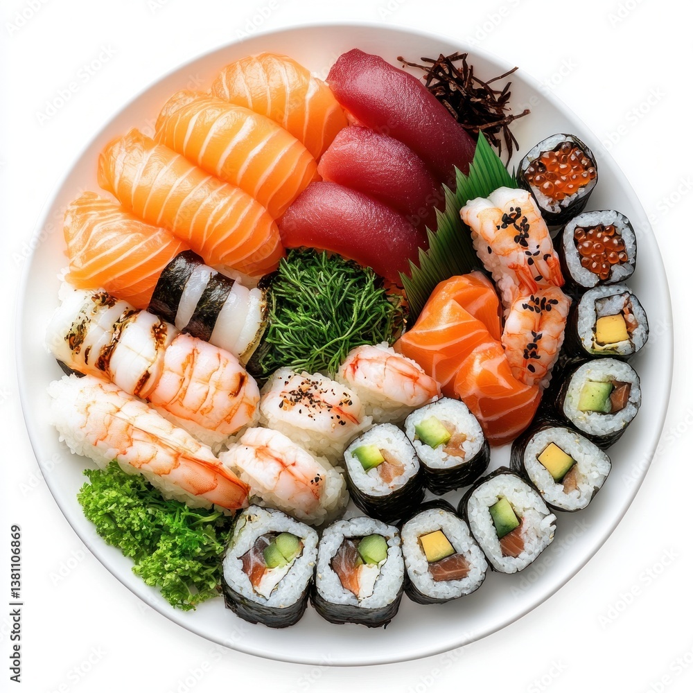 A beautifully plated sushi platter with fresh sashimi on white background A beautifully plated sushi platter with fresh sashimi on white background