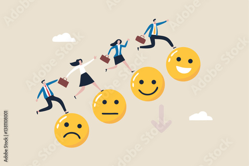 Employee happiness, wellbeing or positive attitude, emotional intelligence to improve success, joyful work or optimistic concept, business people jump from anxiety to delight smiling face emoticon.