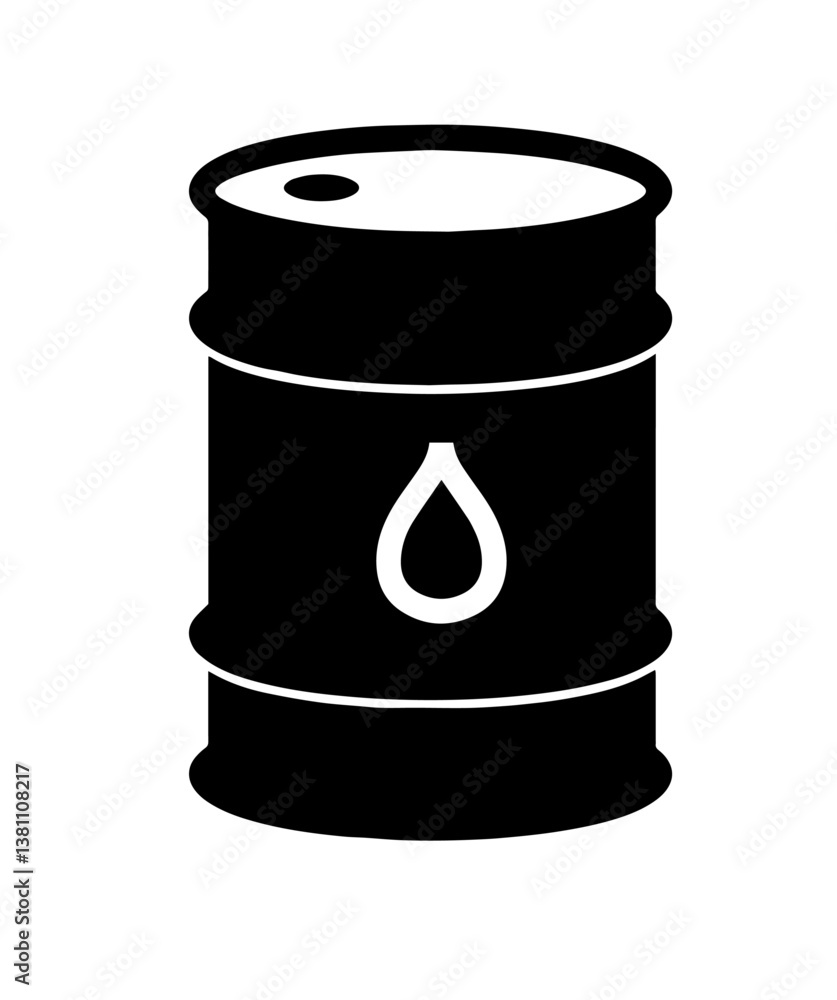 Black Oil Drum with Fuel Drop Icon on Front, Oil Transportation, Fuel Sales, and Energy Distribution in the Global Petroleum Industry. Fuel Storage, Distribution Black Oil Drum with Fuel Drop Icon on Front, Oil Transportation, Fuel Sales, and Energy Distribution in the Global Petroleum Industry. Fuel Storage, Distribution