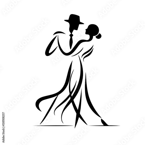 Couple Dancing the Waltz, Tango, Viennese Waltz with Fluid Movements, Man in Hat and Tie, Woman in Dress with Hair Pulled Back. European and Latin Dance Styles. Dance Elegance, Partner Coordination
