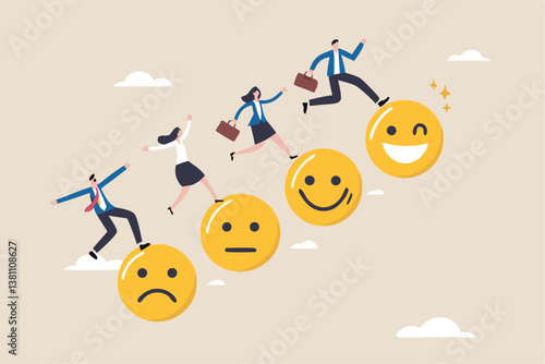Employee happiness, wellbeing or positive attitude, emotional intelligence to improve success, joyful work or optimistic concept, business people jump from anxiety to delight smiling face emoticon.