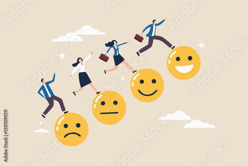 Employee happiness, wellbeing or positive attitude, emotional intelligence to improve success, joyful work or optimistic concept, business people jump from anxiety to delight smiling face emoticon.