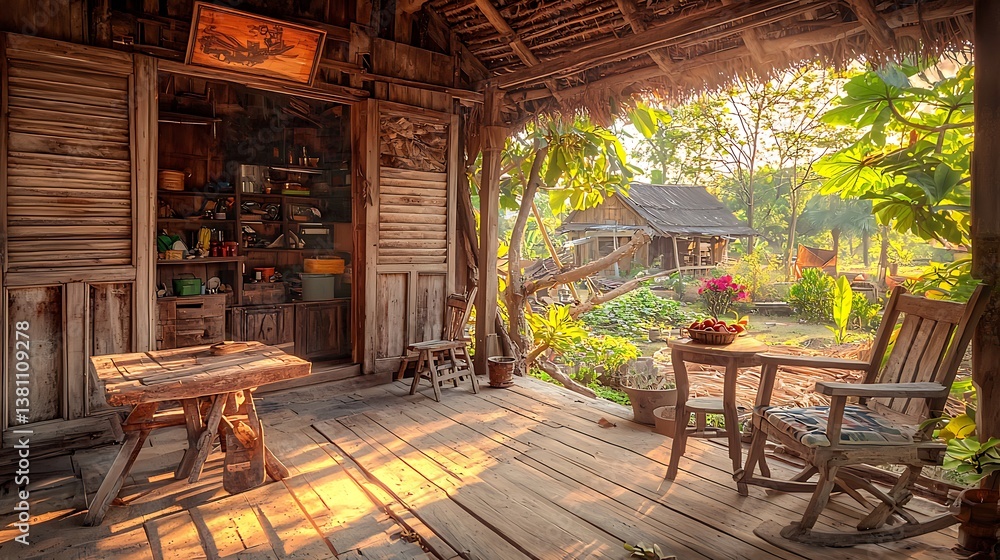 Obraz premium Porch relax. View of rural home with garden background. Can illustrate slow living, peaceful retirement