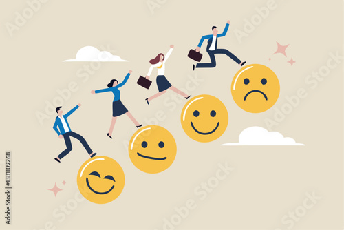 Employee happiness, wellbeing or positive attitude, emotional intelligence to improve success, joyful work or optimistic concept, business people jump from anxiety to delight smiling face emoticon.