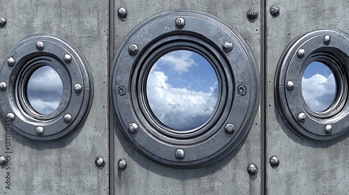 Portholes view sky, clouds reflecting on metal, concrete background, for dreams, aspirations or looking ahead