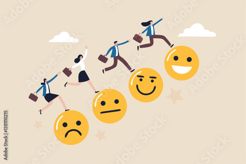 Employee happiness, wellbeing or positive attitude, emotional intelligence to improve success, joyful work or optimistic concept, business people jump from anxiety to delight smiling face emoticon.