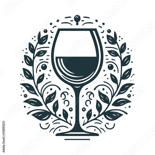 Elegant wine glass illustration surrounded by decorative leaves and swirls, vintage style, copy space
