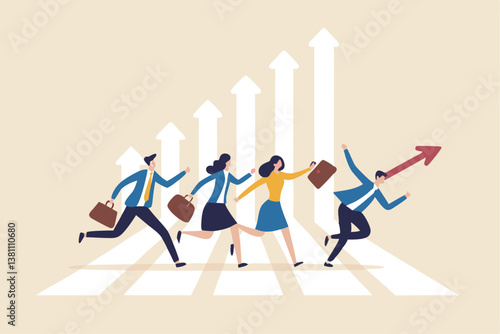 Business challenge, growing to success, growth chart or career path, teamwork winning together, work improvement or leadership, motivation concept, business people running on growth arrow up chart.