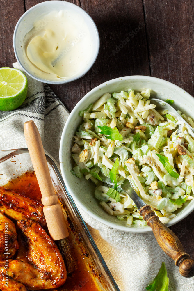 Waldorf salad with celery, apple and nuts, dressed with mayonnaise and spicy baked chicken wings.