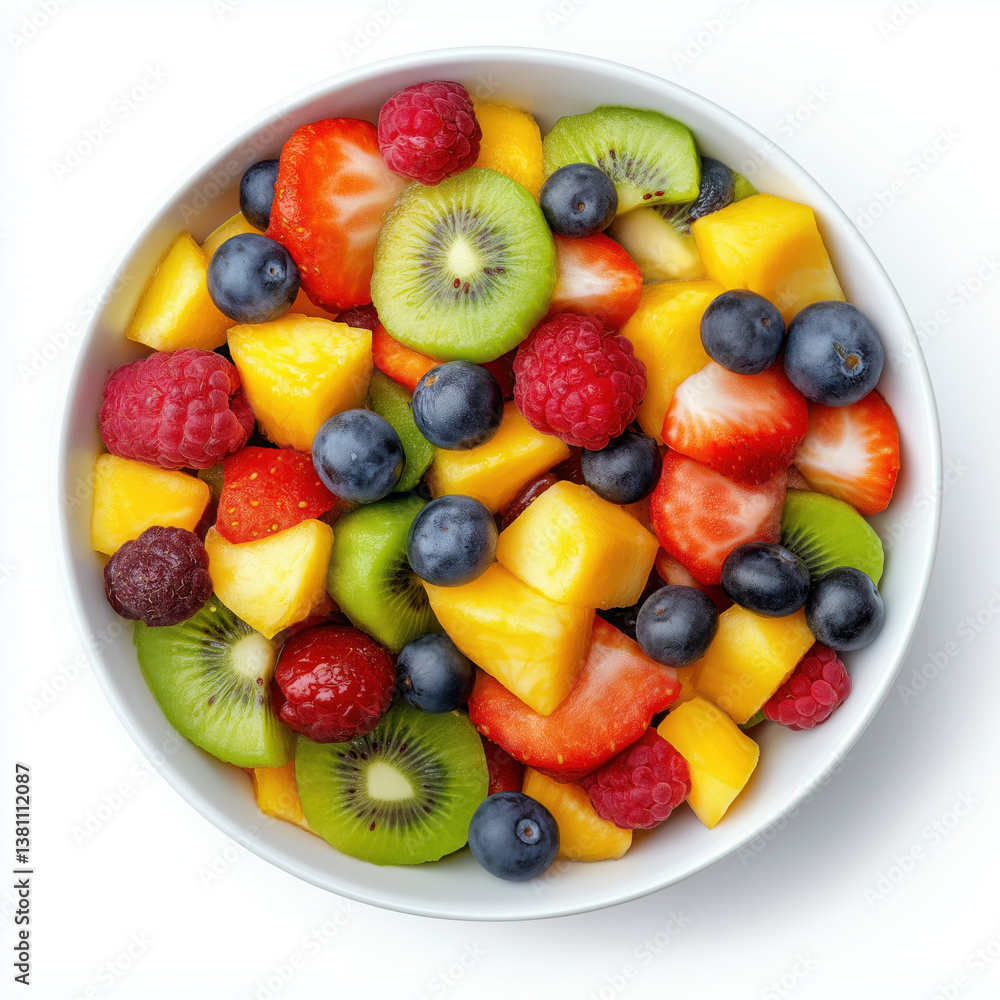 Obraz premium Bowl of fruit salad top view healthy delicious snack isolated on white background
