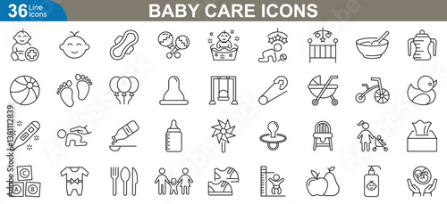 Baby care icons set. Vector illustration featuring a wide range of essential infant care symbols for parenting, nursery, childcare, baby products, health care and more.
