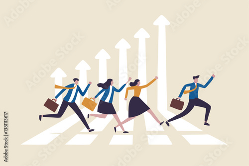 Business challenge, growing to success, growth chart or career path, teamwork winning together, work improvement or leadership, motivation concept, business people running on growth arrow up chart.