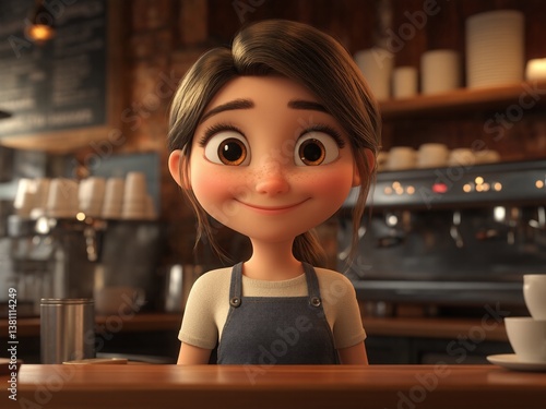 Animated barista girl smiles gently at coffee shop counter showcasing happy customer service inside warm cozy ambiance with professional gear