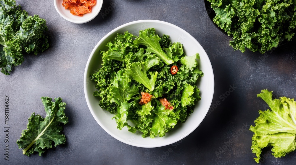 Fresh kale salad with kimchi garnish on dark background Fresh kale salad with kimchi garnish on dark background
