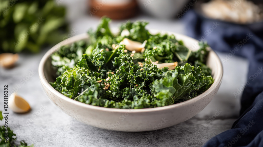 Fresh kale salad with garlic and sesame in ceramic bowl on rustic table Fresh kale salad with garlic and sesame in ceramic bowl on rustic table