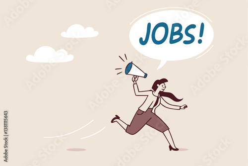 Job advertising or vacancy announcement, human resources recruitment, job communicate or hiring opportunity, career development seeker or employment concept, businesswoman announce jobs on megaphone