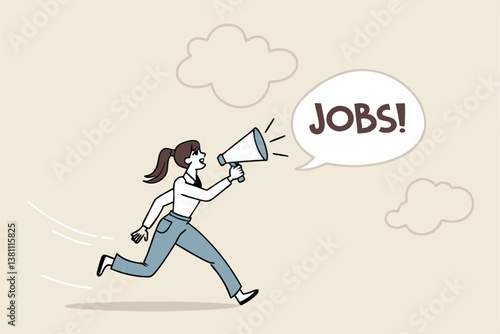 Job advertising or vacancy announcement, human resources recruitment, job communicate or hiring opportunity, career development seeker or employment concept, businesswoman announce jobs on megaphone