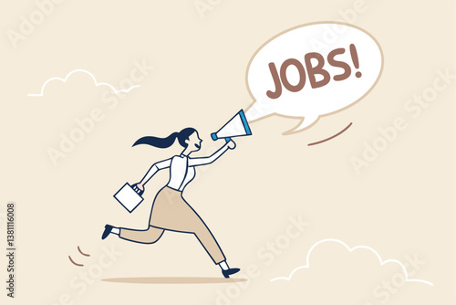 Job advertising or vacancy announcement, human resources recruitment, job communicate or hiring opportunity, career development seeker or employment concept, businesswoman announce jobs on megaphone
