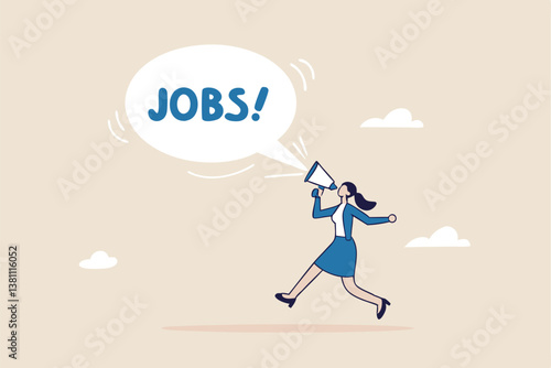 Job advertising or vacancy announcement, human resources recruitment, job communicate or hiring opportunity, career development seeker or employment concept, businesswoman announce jobs on megaphone