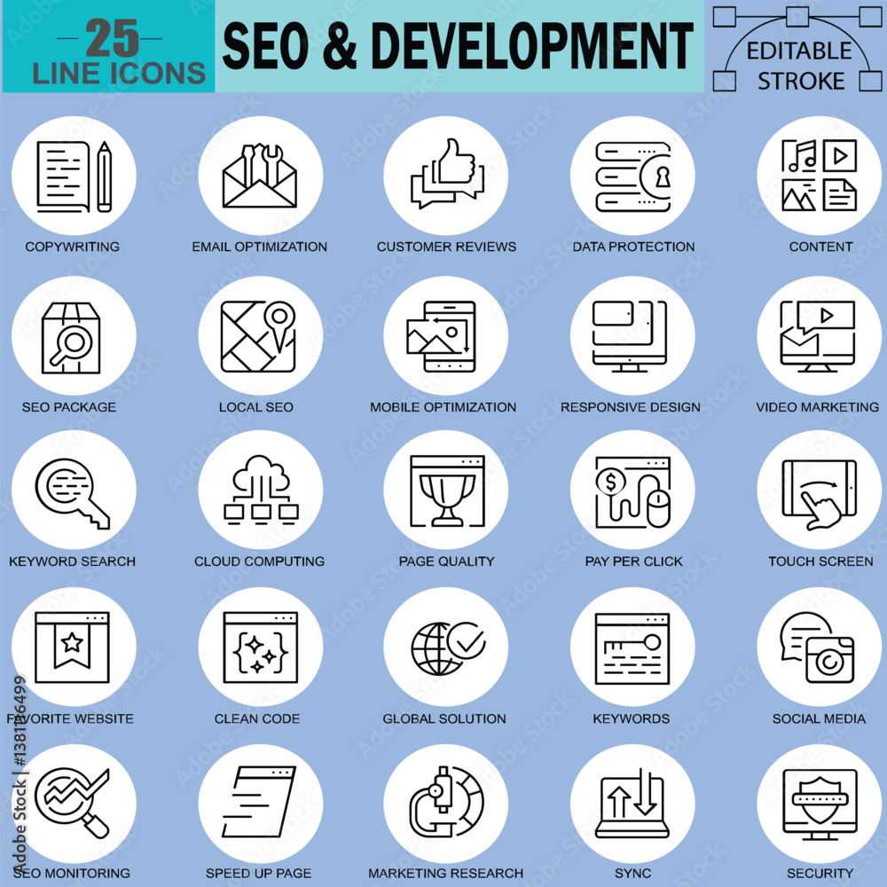 SEO and Development Thin Line Icons Set for Websites, Mobile Apps, and More. Includes Hosting, Market Research, and Programming. 48x48 Pixel Perfect Vector Illustration with Editable Stroke SEO and Development Thin Line Icons Set for Websites, Mobile Apps, and More. Includes Hosting, Market Research, and Programming. 48x48 Pixel Perfect Vector Illustration with Editable Stroke