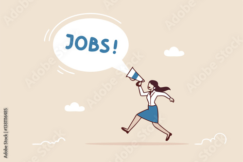 Job advertising or vacancy announcement, human resources recruitment, job communicate or hiring opportunity, career development seeker or employment concept, businesswoman announce jobs on megaphone