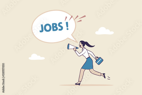 Job advertising or vacancy announcement, human resources recruitment, job communicate or hiring opportunity, career development seeker or employment concept, businesswoman announce jobs on megaphone