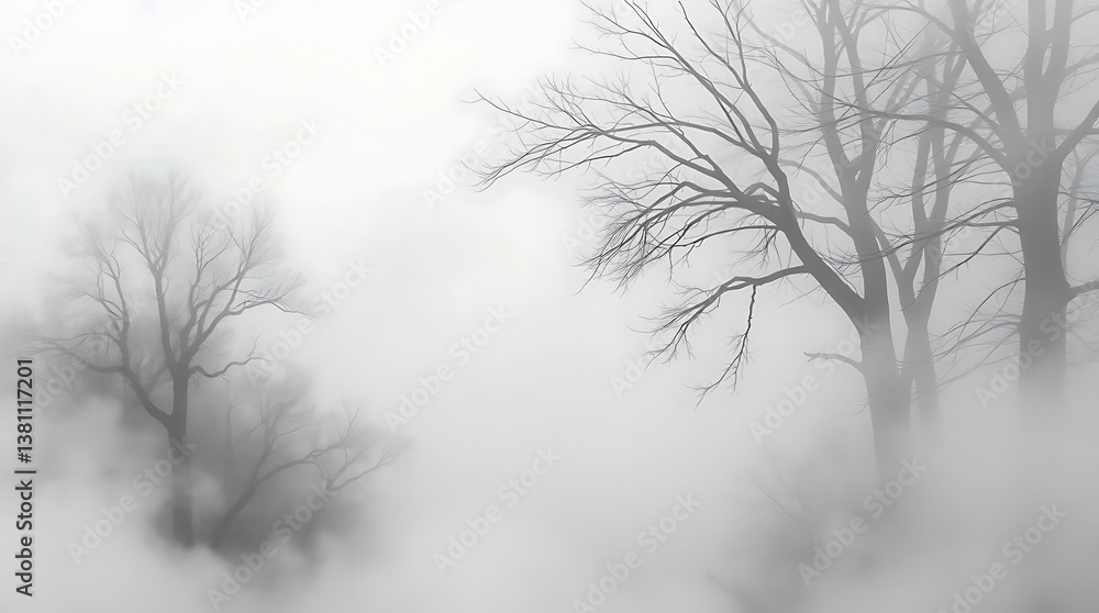 Foggy forest scene, bare trees, grayscale Foggy forest scene, bare trees, grayscale