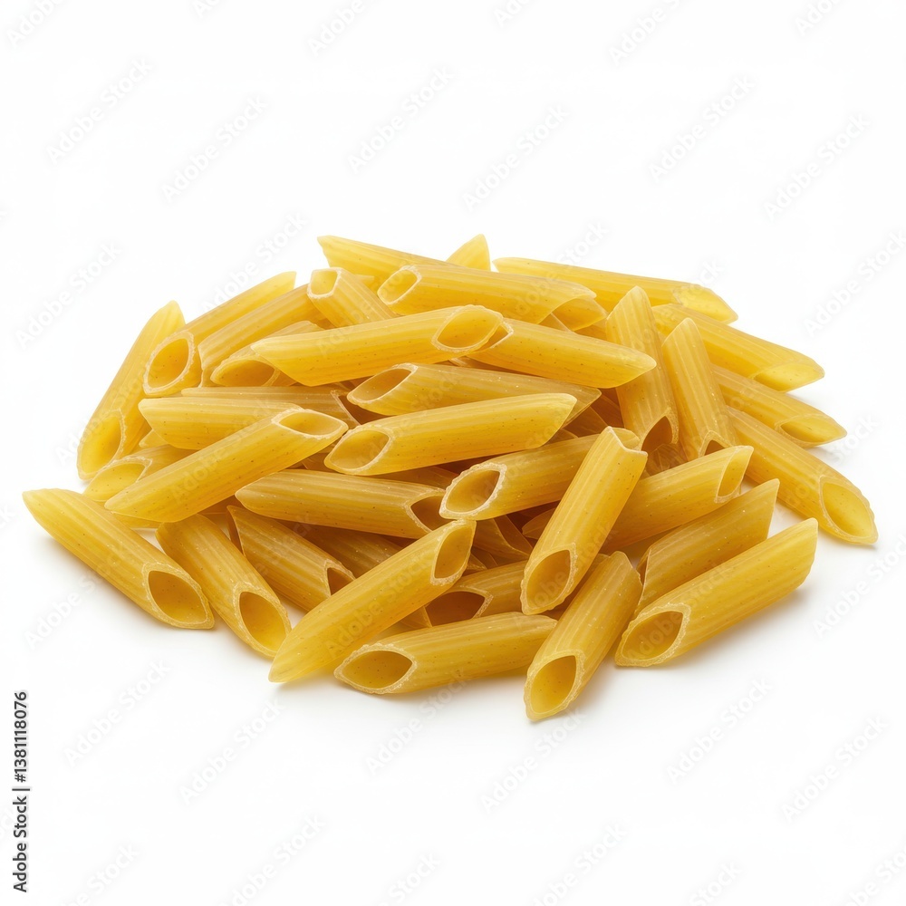 A close up shot of a pile of uncooked penne pasta on a white surface in a studio setting view A close up shot of a pile of uncooked penne pasta on a white surface in a studio setting view