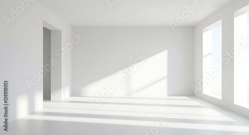 Fototapeta Naklejka Na Ścianę i Meble -  empty interior room shadow wall space background mock up architecture sunlight. empty home modern window light floor design apartment white house indoor. blank minimal concept backdrop bright clean.