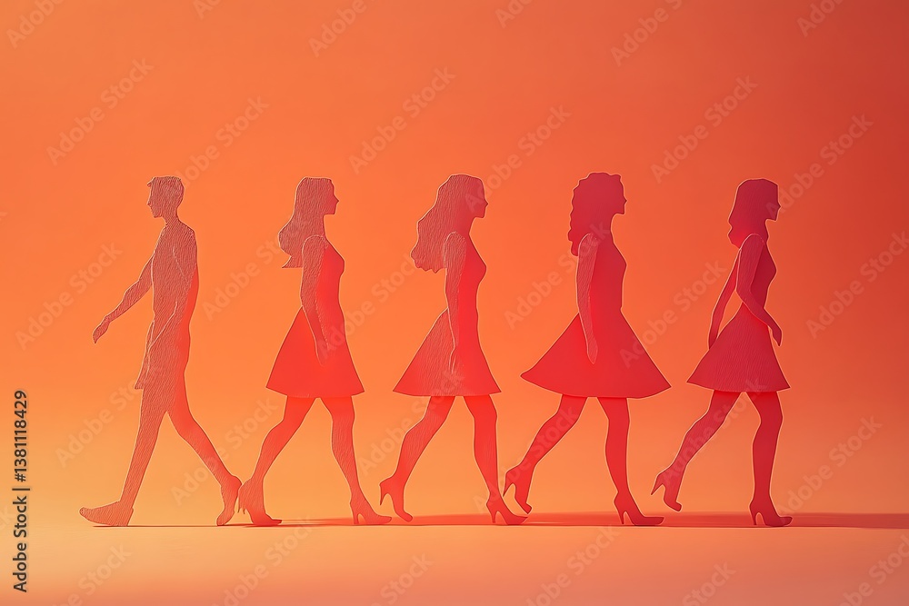 Confident Women and Man Walking Side Profile Minimalist Orange Background Confident Women and Man Walking Side Profile Minimalist Orange Background