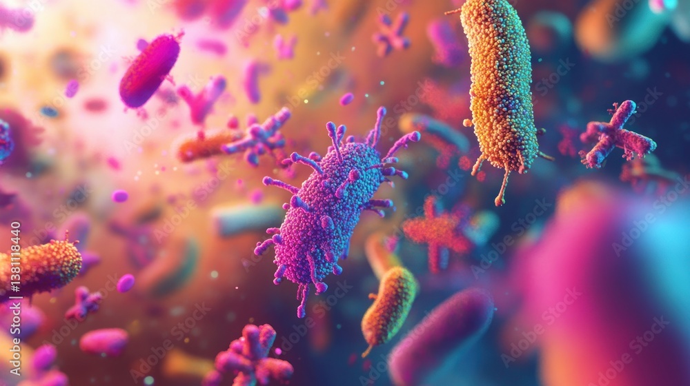 Naklejka premium surreal artistic representation of bacteria and viruses in a microscopic world