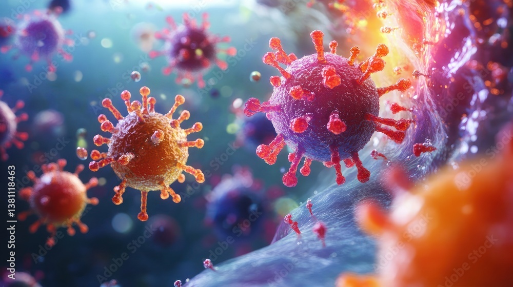 Colorful 3D-rendered virus particles floating Colorful 3D-rendered virus particles floating
