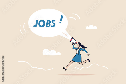 Job advertising or vacancy announcement, human resources recruitment, job communicate or hiring opportunity, career development seeker or employment concept, businesswoman announce jobs on megaphone