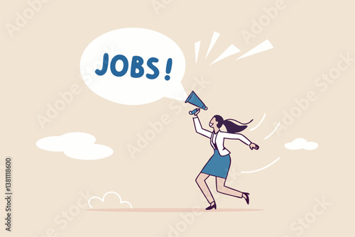 Job advertising or vacancy announcement, human resources recruitment, job communicate or hiring opportunity, career development seeker or employment concept, businesswoman announce jobs on megaphone