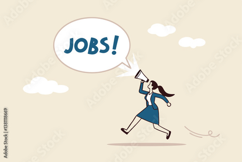 Job advertising or vacancy announcement, human resources recruitment, job communicate or hiring opportunity, career development seeker or employment concept, businesswoman announce jobs on megaphone