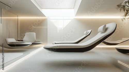 Levitation inspired floating furniture room featuring sleek anti gravity seating futuristic hovering tables and a minimalist zero gravity aesthetic