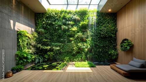Lush vertical garden indoor sanctuary with cascading greenery walls natural sunlight filtering through skylights indoor ponds and a peaceful biophilic design embracing nature within living spaces