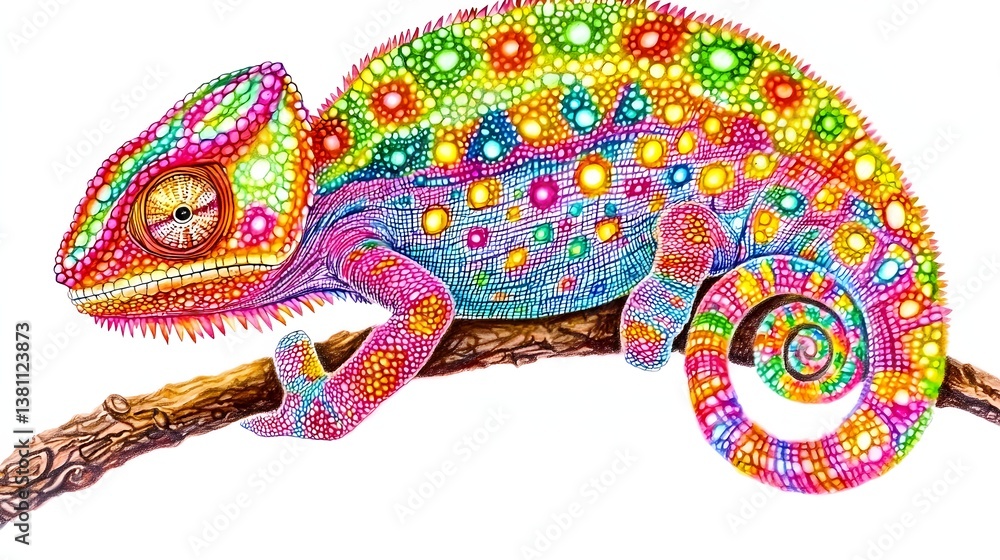 Obraz premium Colorful Chameleon with Intricate Patterns Resting on a Branch in a Bright Natural Environment