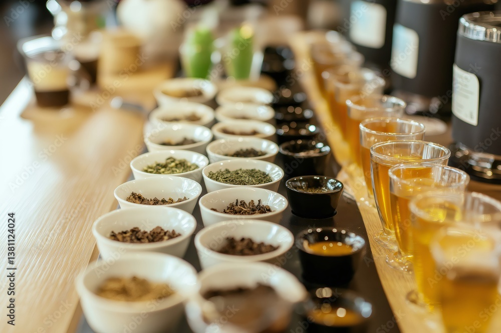 Tea tasting event with various bowls of dried tea leaves and glasses of infused tea, creating a vibrant and aromatic display Tea tasting event with various bowls of dried tea leaves and glasses of infused tea, creating a vibrant and aromatic display