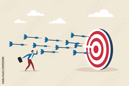 Marketing target strategy, leadership or skill to reach target or achievement, aiming for perfection winning, challenge or accuracy concept, businessman control dart to reach perfect target bullseye.