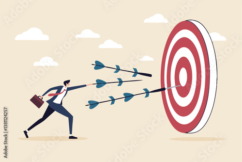 Marketing target strategy, leadership or skill to reach target or achievement, aiming for perfection winning, challenge or accuracy concept, businessman control dart to reach perfect target bullseye.