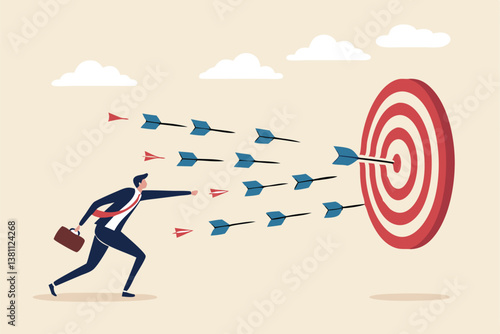 Marketing target strategy, leadership or skill to reach target or achievement, aiming for perfection winning, challenge or accuracy concept, businessman control dart to reach perfect target bullseye.