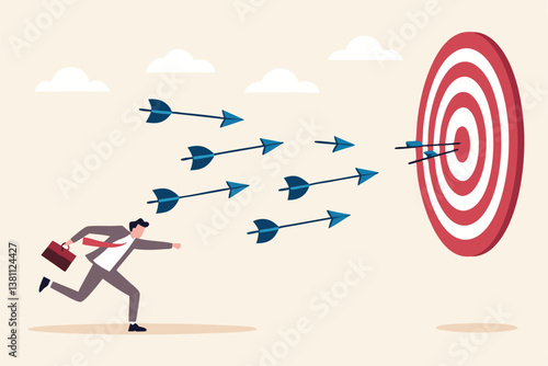 Marketing target strategy, leadership or skill to reach target or achievement, aiming for perfection winning, challenge or accuracy concept, businessman control dart to reach perfect target bullseye.