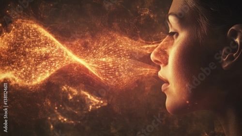Side profile of a woman with golden energy flow from her mouth