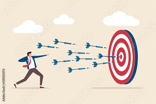 Marketing target strategy, leadership or skill to reach target or achievement, aiming for perfection winning, challenge or accuracy concept, businessman control dart to reach perfect target bullseye.