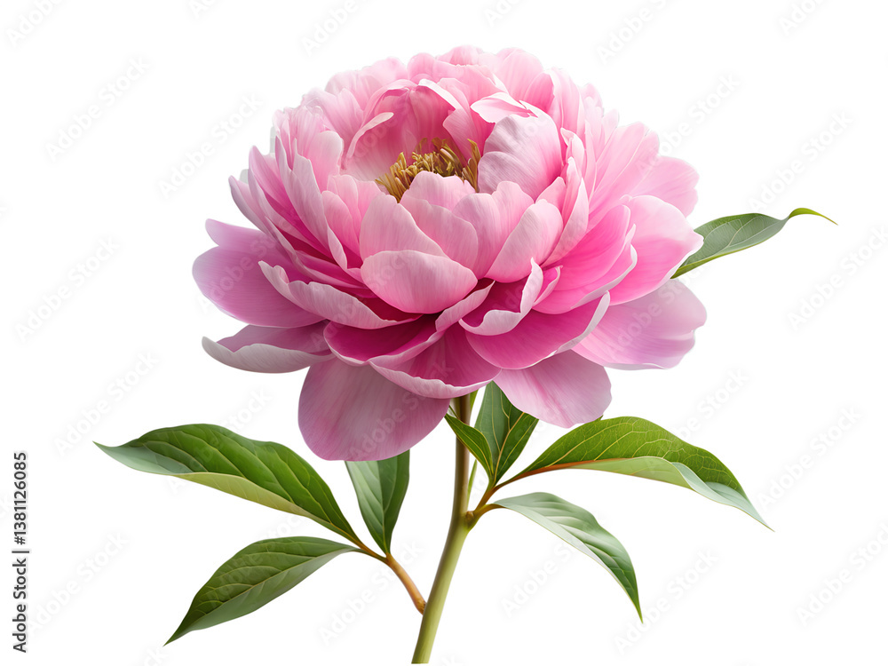 A delicate pink peony in full bloom, showcasing its soft petals and vibrant green leaves against a clean white background. A delicate pink peony in full bloom, showcasing its soft petals and vibrant green leaves against a clean white background.