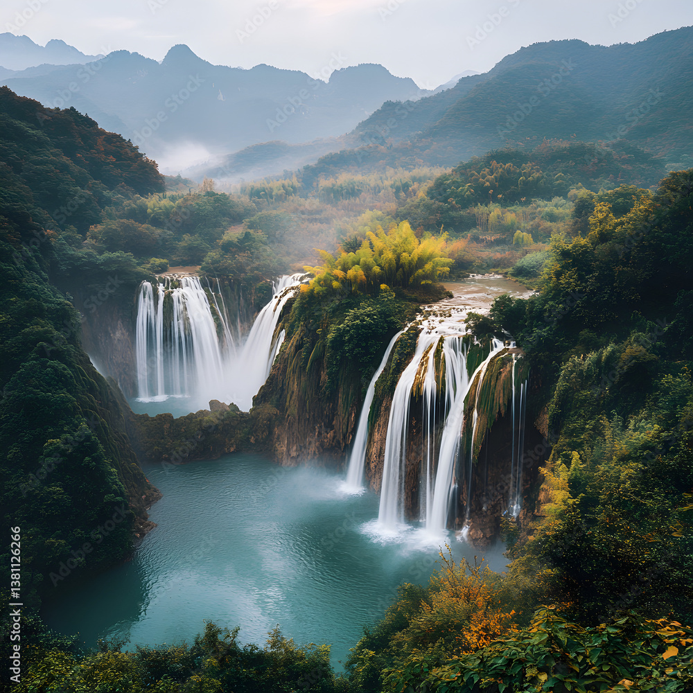 Fototapeta premium The dynamic motion of the waterfall is balanced with the tranquil On white background