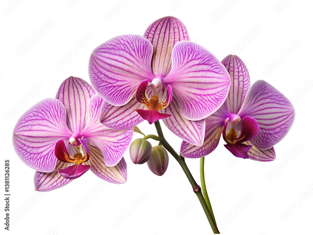 Delicate lavender orchids blooming, a breathtaking display of nature's elegance against a pure white background. Delicate lavender orchids blooming, a breathtaking display of nature's elegance against a pure white background.